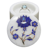 White Marble Round Trinket Box with Lapis Lazuli Gemstone Floral Inlay Design